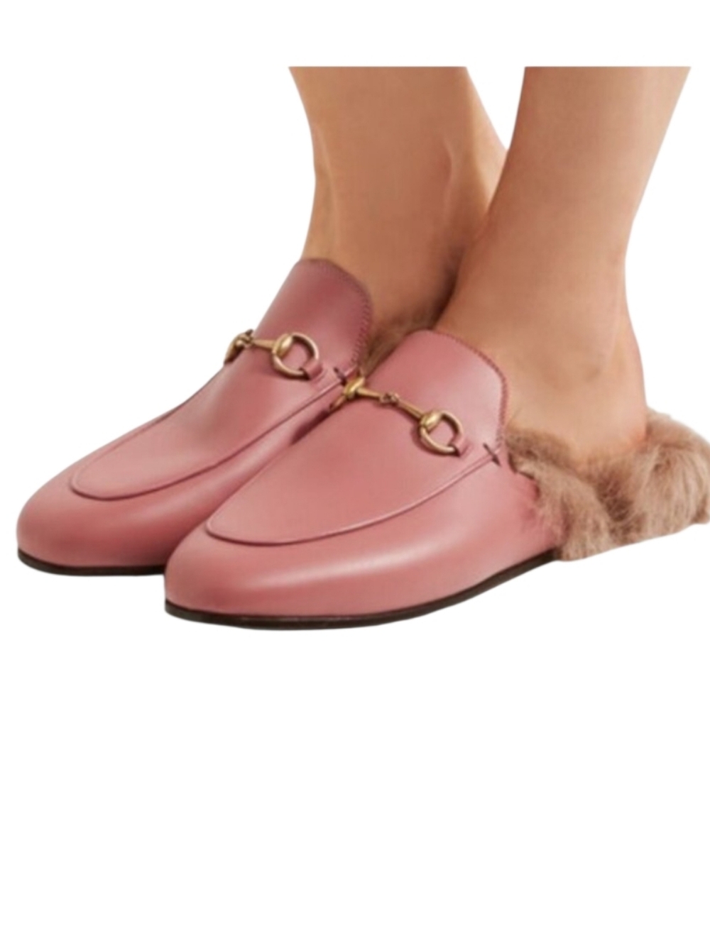 Brand Unkown Pink Fur-Trim Horsebit Mules - Picture 2 of 8